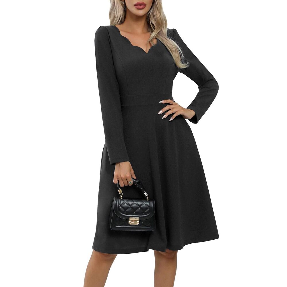 1896 Elegant Vintage Spring Summer Scallop Trim V-Neck Casual Work Dress